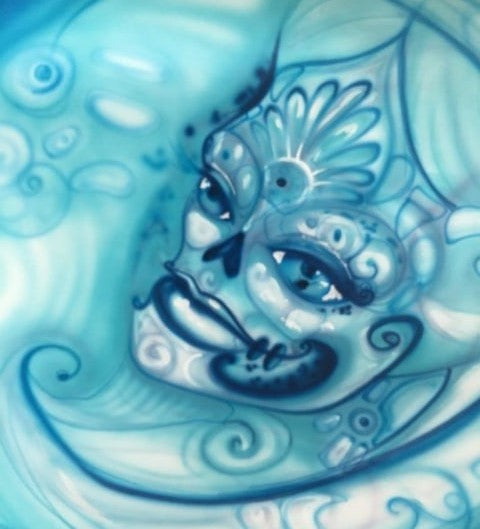 CATRINA AZUL, mixed media by Jonas Soriano — Day of the Dead Catrina face in turquoise and cobalt ornament.