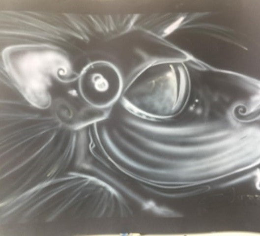 TIGRE NEGRO, mixed media by Jonas Soriano — tiger head in profile drawn in white line on black, one large glassy eye.